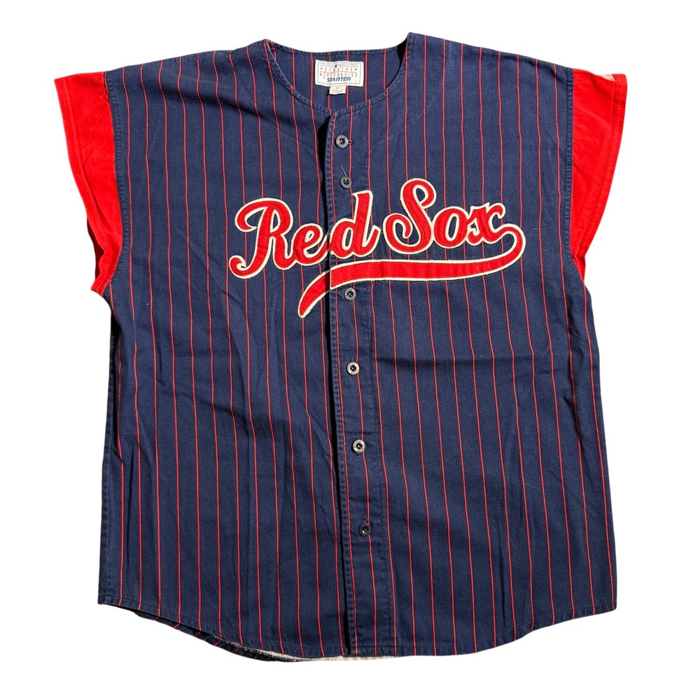 Vintage Starter Boston Red Sox MLB Baseball Jersey Navy Red Pinstripe Mens Large